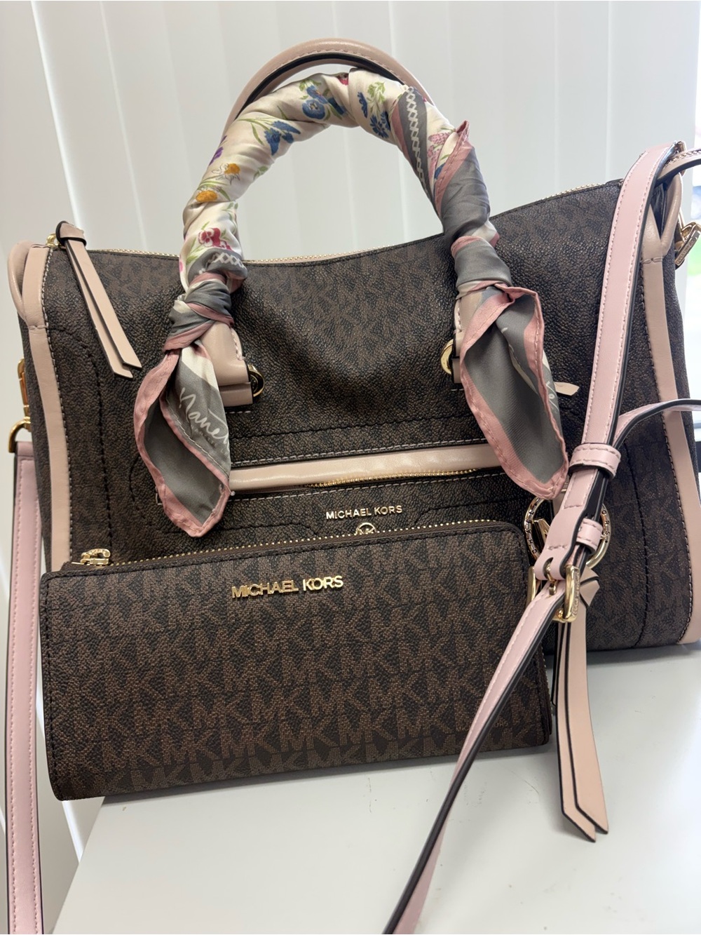 Michael Kors Brown Logo Satchel with Pink Trim